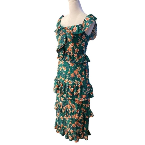 Tularosa Kelly Green Floral Ruffle Gingham Tiered Back Zip Lily Dress Women S - Picture 6 of 10